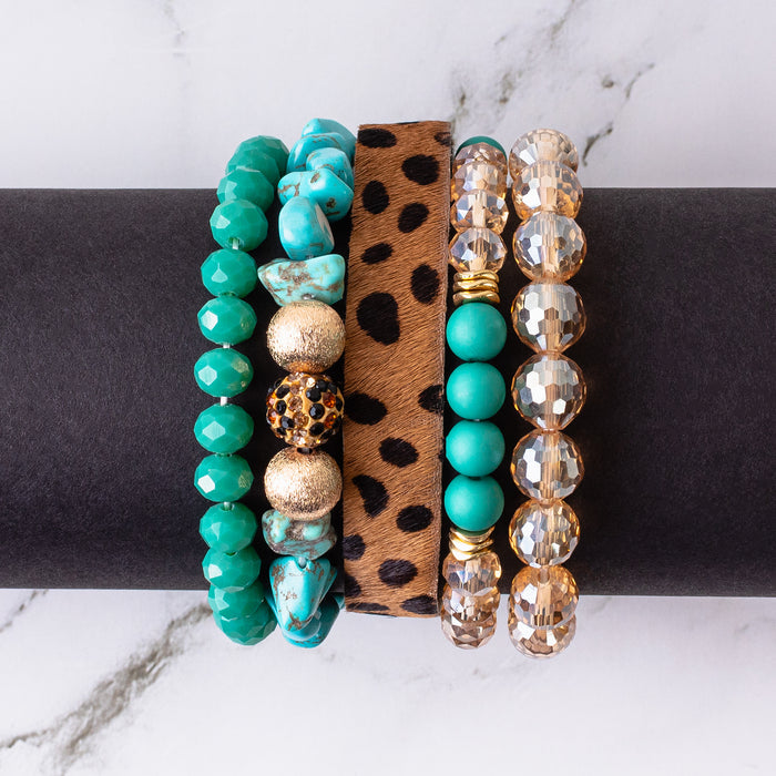 74714 - Leopard and Turquoise Stacked Bracelets - Turquoise - Fashion Jewelry Wholesale
