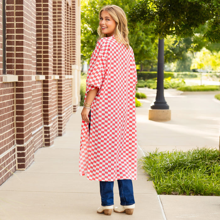 8951 - Checkered Print Duster - Pink