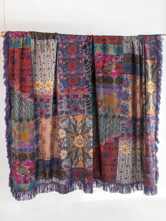 Boho Fringe Bedspread - Blue Patchwork-view 3