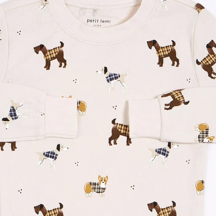 close up Petit Lem Tartan Hounds girls pajama set with soft cotton rib, rounded neckline, and dog artwork.