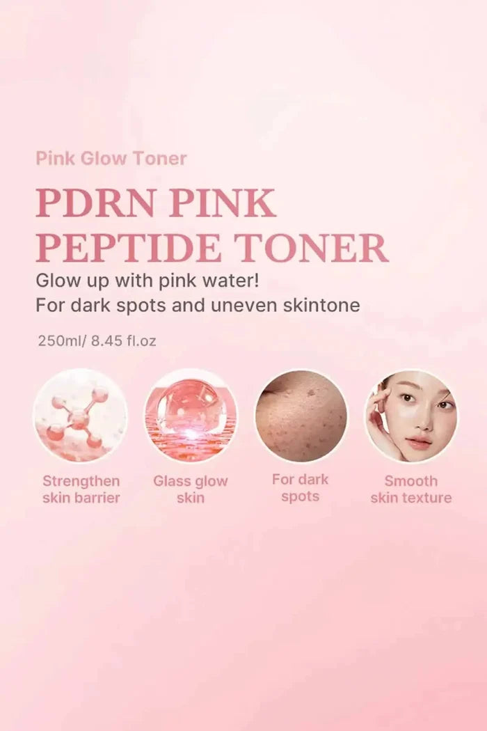 Infographic summary of the PDRN Pink Peptide Toner, ideal for oily skin to strengthen the barrier and achieve glass glow skin.