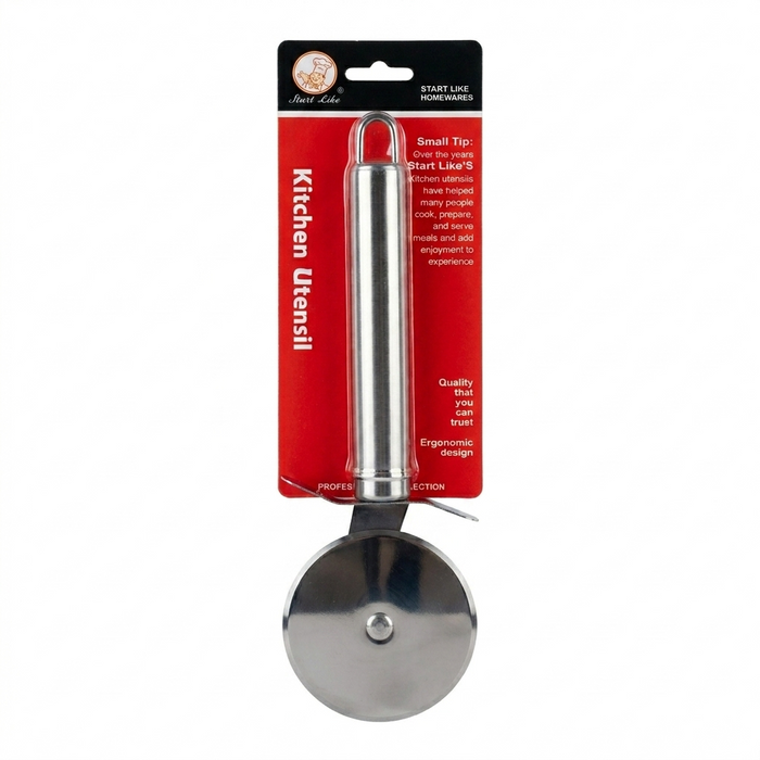 Stainless steel pizza cutter with red packaging on a white background
