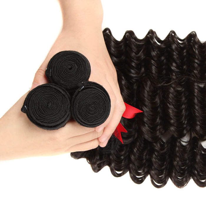machine double weft natural black deep wave peruvian human hair 3 bundles