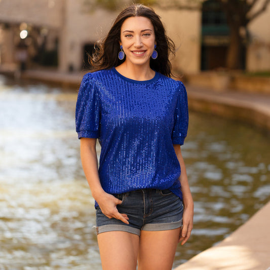 10717 - Sequin Half Sleeve Top - Royal Blue