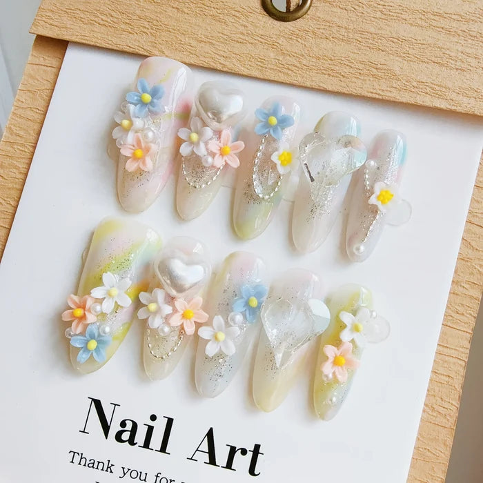 10pcs high-end Colorful flowers handmade fake nails, Light luxury long women with multi-color nail nail patch