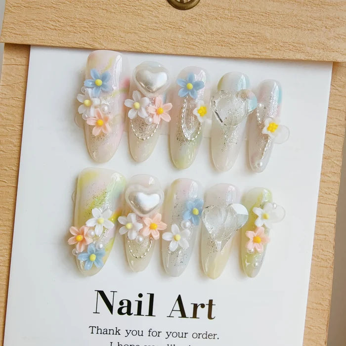 10pcs high-end Colorful flowers handmade fake nails, Light luxury long women with multi-color nail nail patch