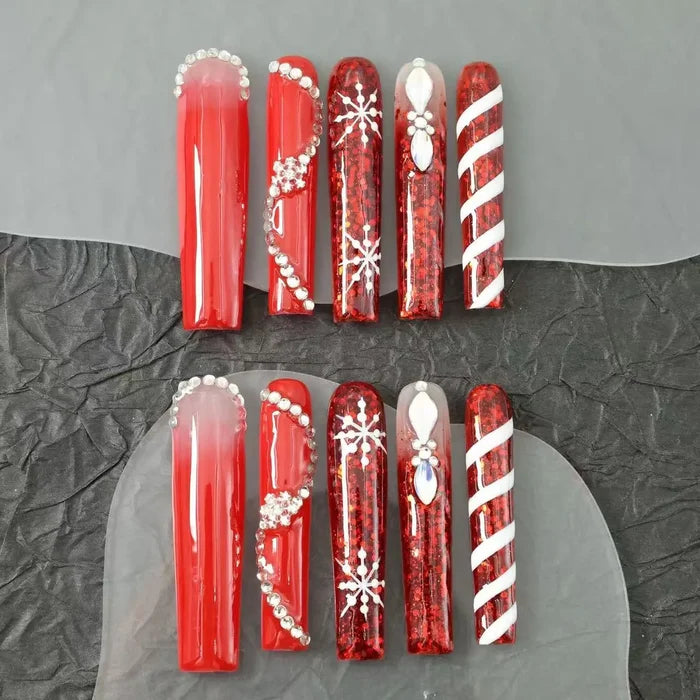 10pcs high-end Light luxury long red series handmade fake nails, Christmas fake manicure