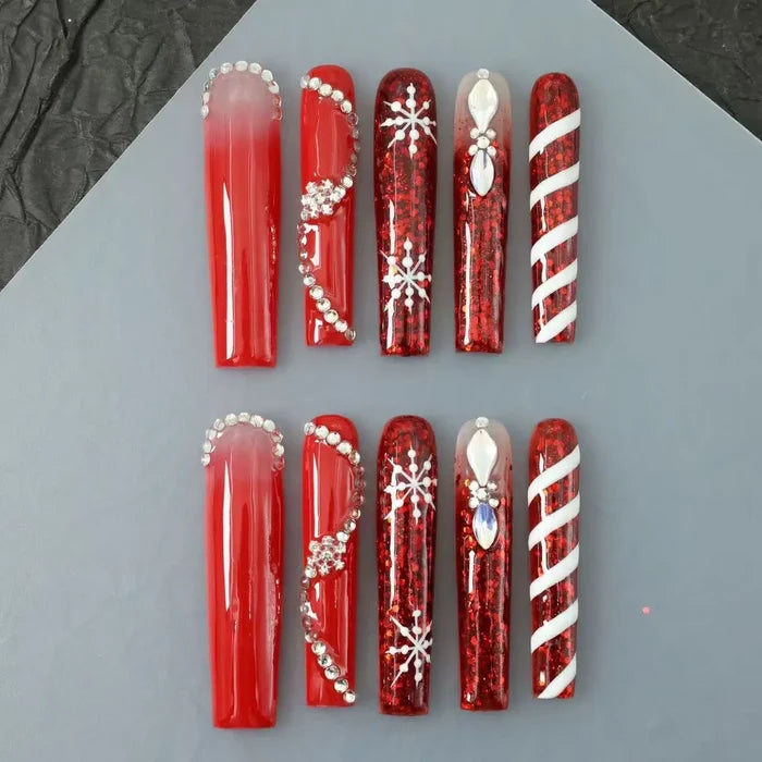10pcs high-end Light luxury long red series handmade fake nails, Christmas fake manicure