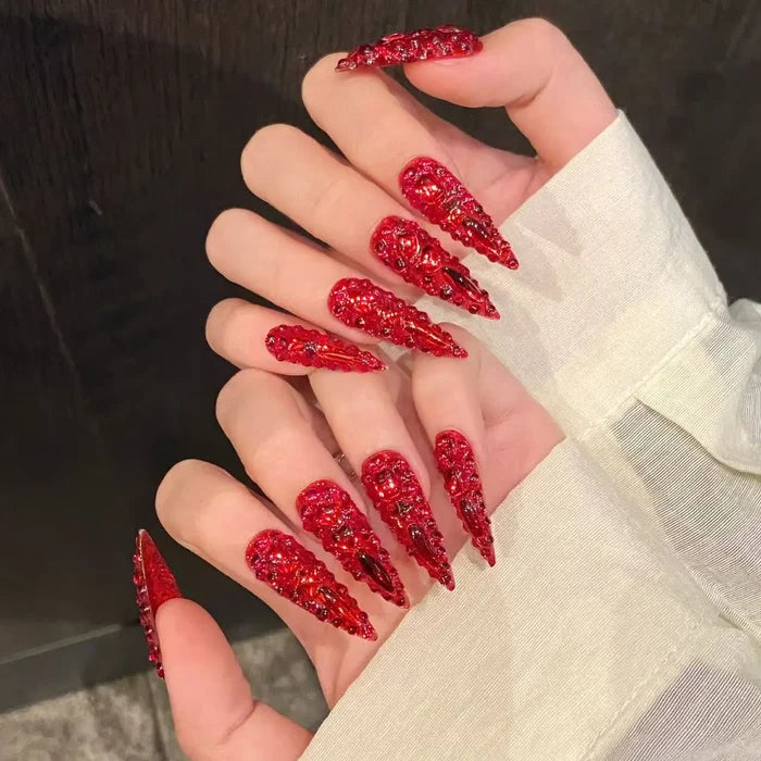 10pcs high-end Light luxury red long style handmade fake nails, Red nail decoration patches for girls