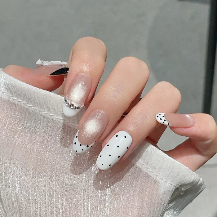 10pcs Medium Oval Handmade Press On Nails Kit, Nude & White Fake Nails, Gentle Elegant Wearable Nail Art, Bow