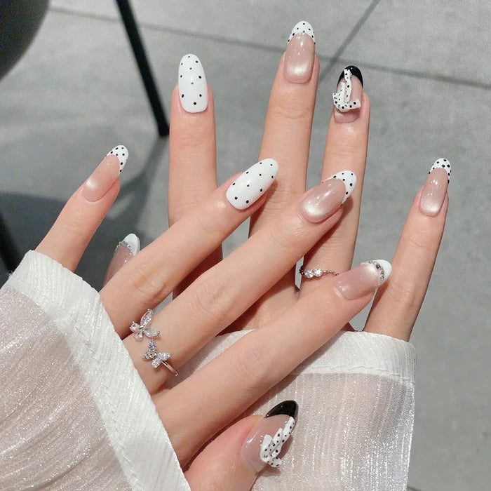 10pcs Medium Oval Handmade Press On Nails Kit, Nude & White Fake Nails, Gentle Elegant Wearable Nail Art, Bow