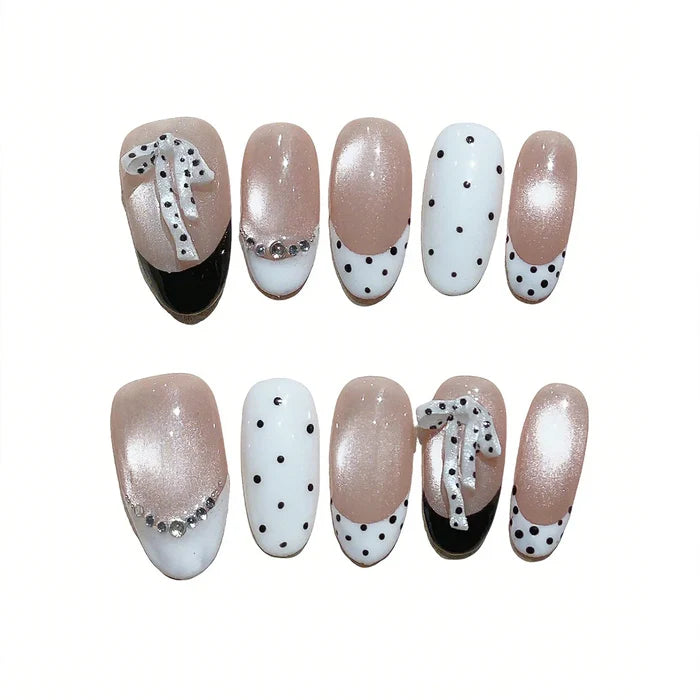 10pcs Medium Oval Handmade Press On Nails Kit, Nude & White Fake Nails, Gentle Elegant Wearable Nail Art, Bow