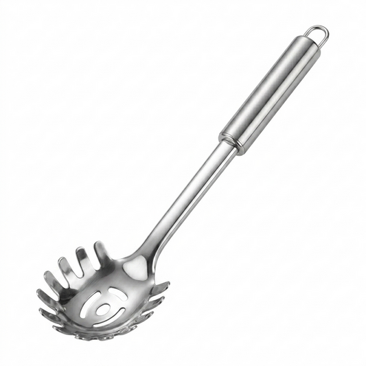 stainless steel pasta spoon against a white background