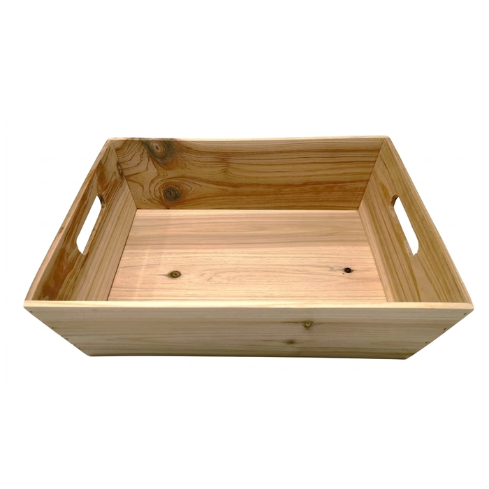 Wooden tray with handles on a white background