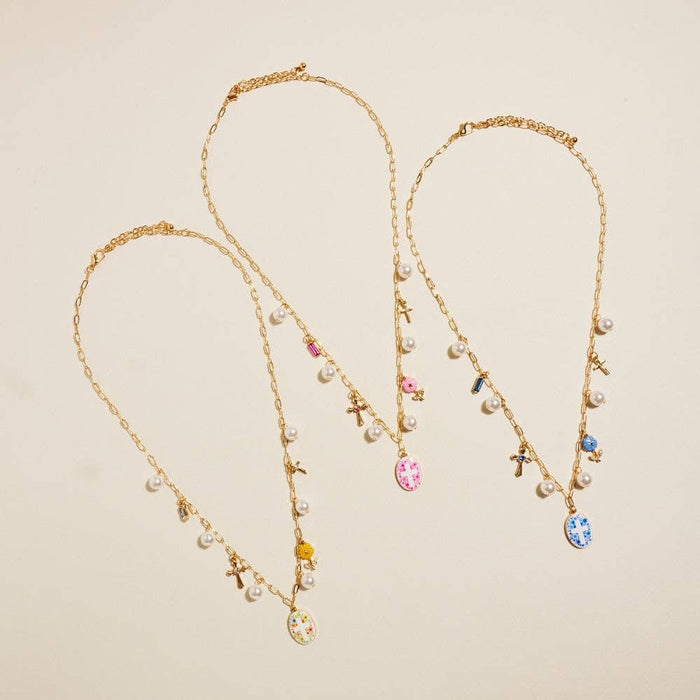 18 Inch Mixed Floral Cross Charms Pearl Necklace