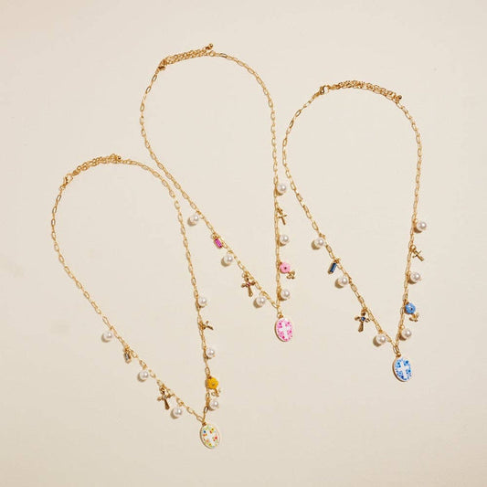 18 Inch Mixed Floral Cross Charms Pearl Necklace