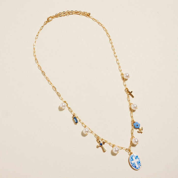 18 Inch Mixed Floral Cross Charms Pearl Necklace