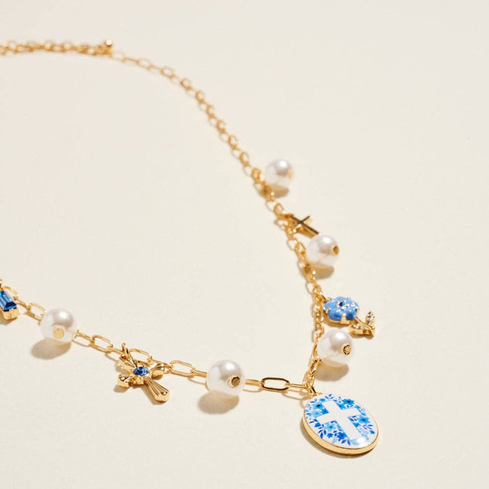 18 Inch Mixed Floral Cross Charms Pearl Necklace