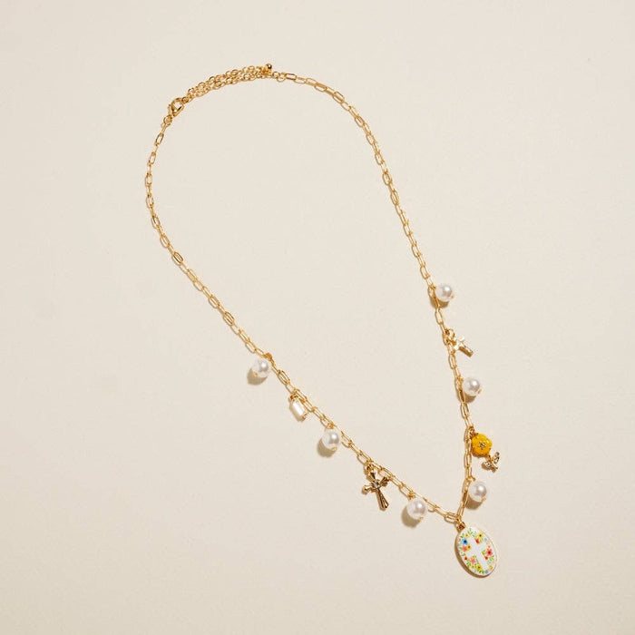 18 Inch Mixed Floral Cross Charms Pearl Necklace
