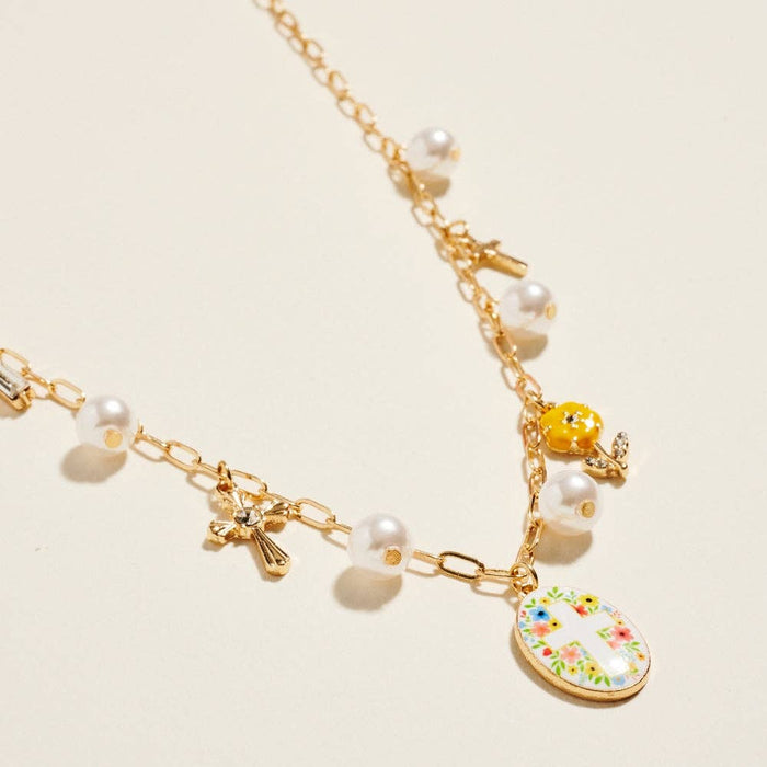 18 Inch Mixed Floral Cross Charms Pearl Necklace