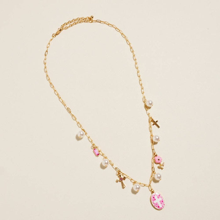 18 Inch Mixed Floral Cross Charms Pearl Necklace