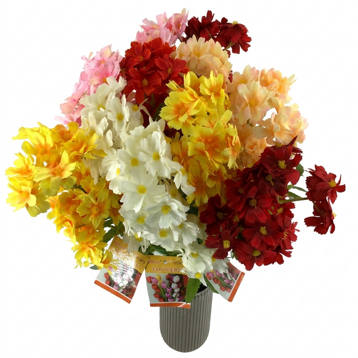 Bouquet of colorful artificial violet flowers in a pot on a white background