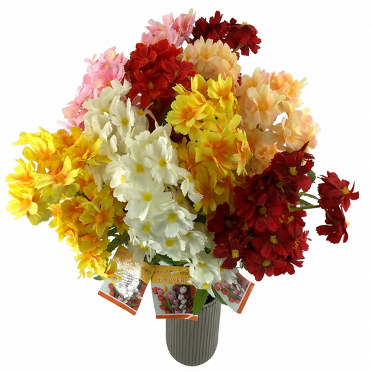 Bouquet of colorful artificial violet flowers in a pot on a white background