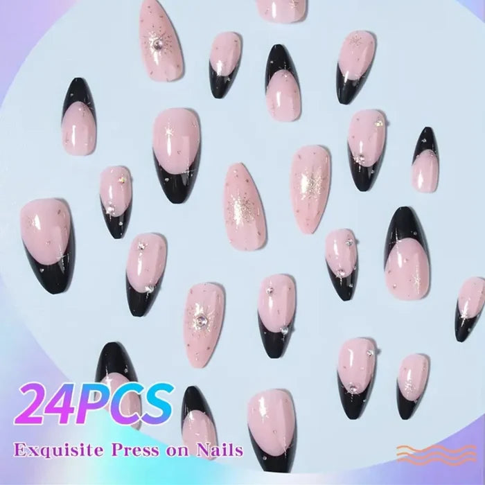 24Pcs White French Tips Medium Almond Press on Nails with Red Five-pointed Star Design, Glossy False Nails