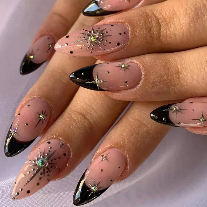 24Pcs White French Tips Medium Almond Press on Nails with Red Five-pointed Star Design, Glossy False Nails