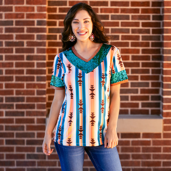 30030 - Striped Geometric Print Top with Sequin Sleeves