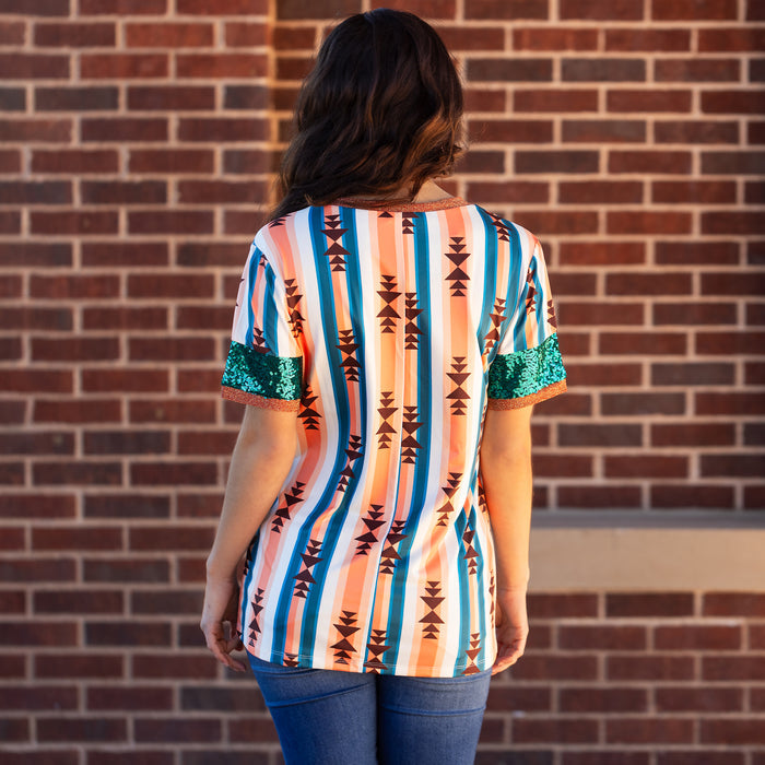 30030 - Striped Geometric Print Top with Sequin Sleeves