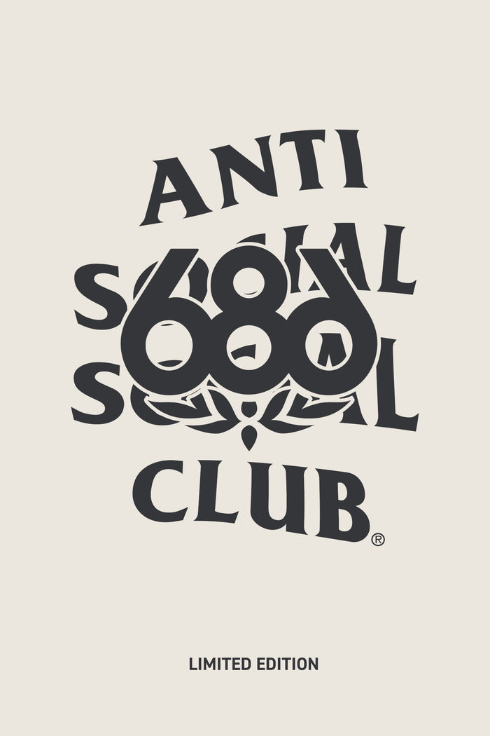 Bold, overlapping black text reads ‚ÄúANTI SOCIAL SOCIAL CLUB‚Äù with the 686 logo in the center, all on a beige background of the 686 Men's ASSC F1 Waterproof Team Hoody. ‚ÄúLIMITED EDITION‚Äù appears below in smaller lettering.