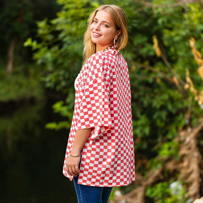 8946 - Checkered Print Duster - Pink