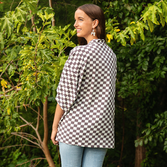 8947 - Checkered Print Duster - Gray