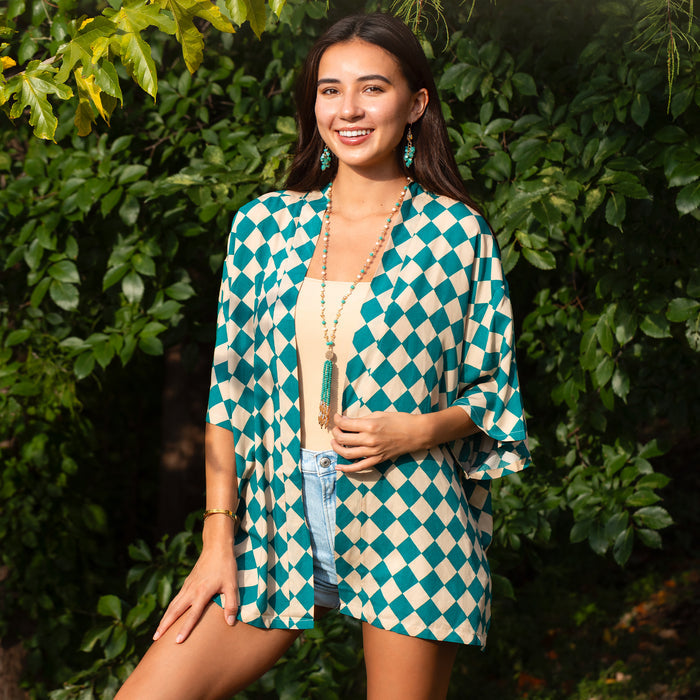 8948 - Checkered Print Duster - Turquoise