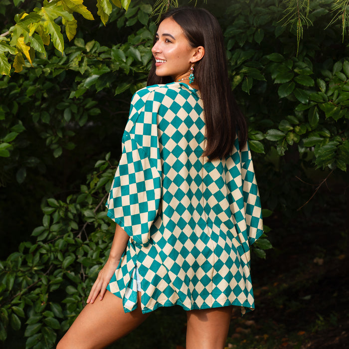 8948 - Checkered Print Duster - Turquoise