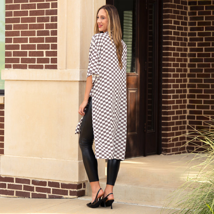 8952 - Checkered Print Duster - Brown