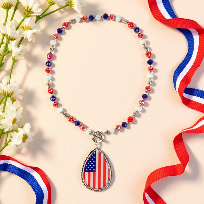 92302 - Fourth of July Pendant Necklace - Red White & Blue