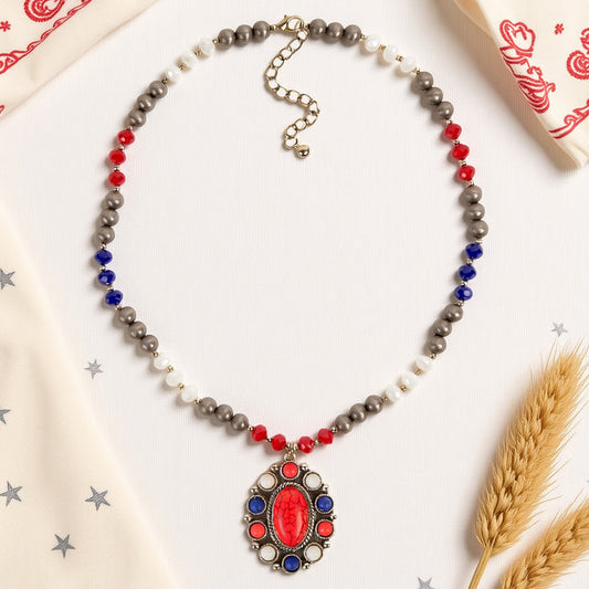 92303 - Fourth of July Pendant Necklace - Red White & Blue