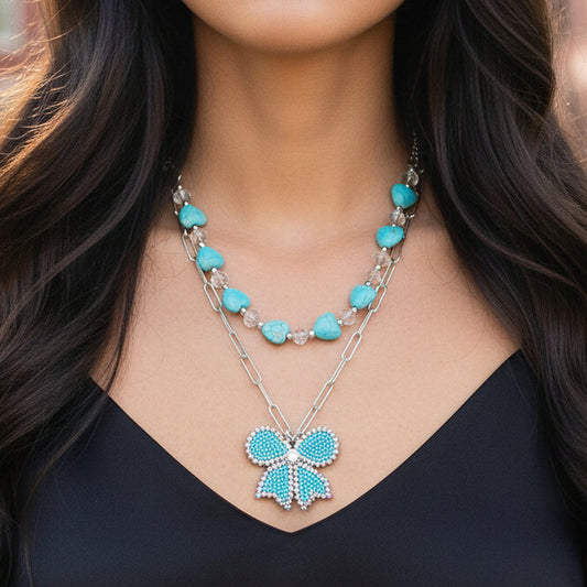 92322 - Layered Heart Necklace - Turquoise