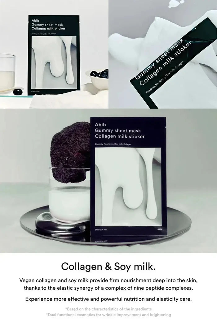 Collage showing Abib Collagen Milk Sticker sheet mask packaging with milk-inspired styling and the headline “Collagen & Soy milk,” Milk Protein FACE Mask product concept visuals