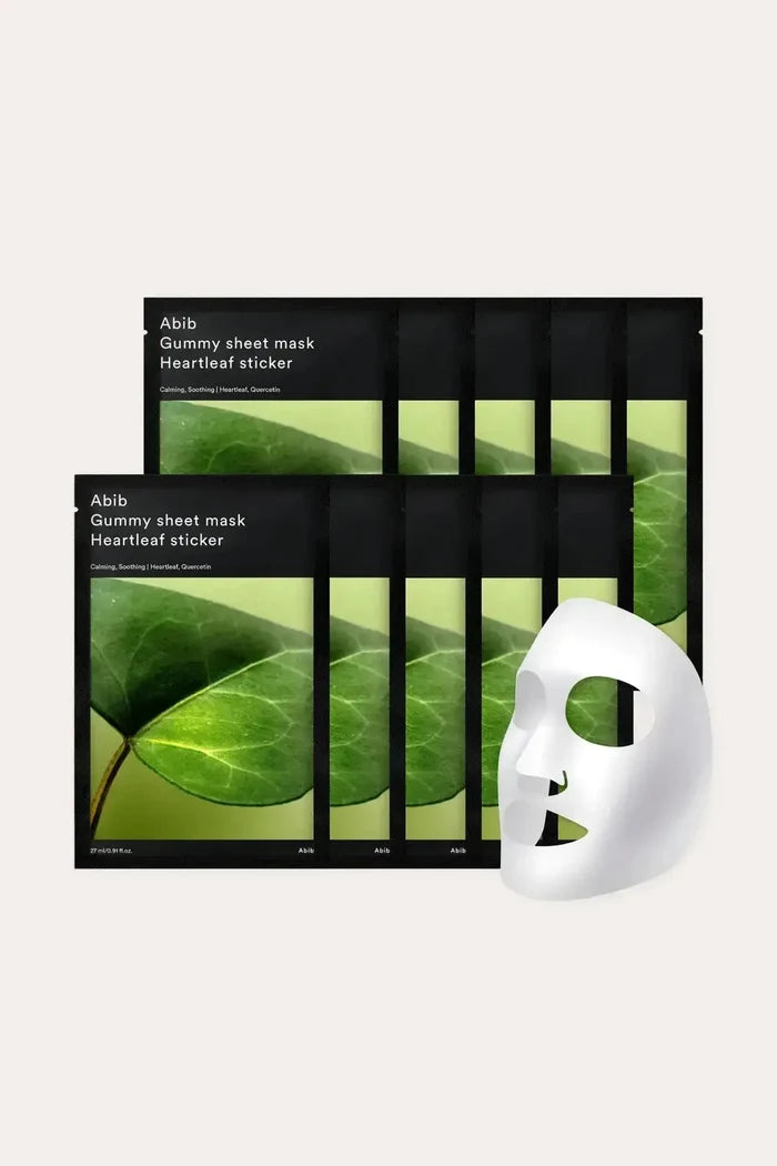 Multipack display of Abib Heartleaf Sticker gummy sheet masks with a white sheet mask shown beside the packs, Acne Calming Sheet Mask keyword for SEO