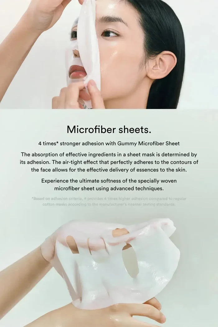 Infographic titled “Microfiber sheets” showing a model adjusting the sheet mask and a close-up of the mask texture in hand, soothing mask for sensitive skin