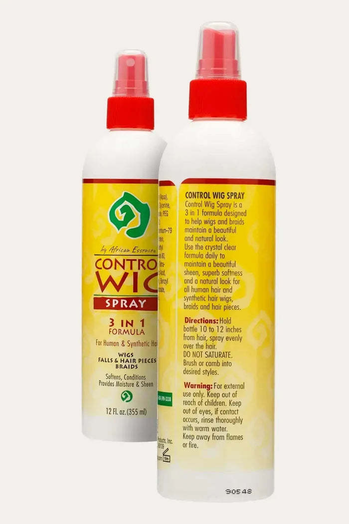 Front and back view of African Essence Control Wig Spray 3-in-1 Formula 12 fl oz (355 mL), Static Control Spray for wigs, braids and hair pieces (human & synthetic hair)