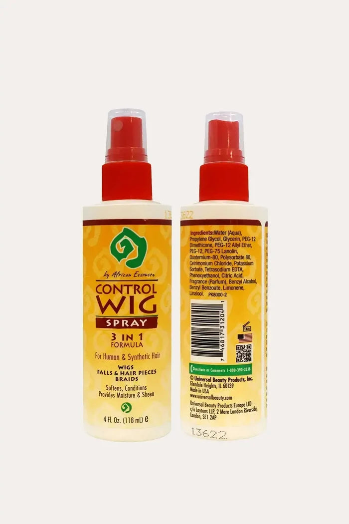 African Essence Control Wig Spray 3-in-1 Formula 4 fl oz (118 mL), softening spray for hair to help maintain wigs and synthetic or human hair pieces, front and back label
