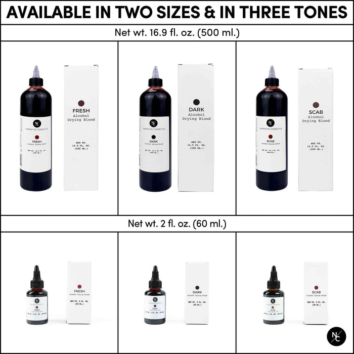 Alcohol Drying Blood available in two sizes (16.9 fl oz and 2 fl oz) and three tones (Fresh, Dark, Scab)
