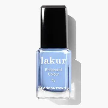 LONDONTOWN's Amalfi Love Lakur Enhanced Colour nail polish features a cool blue shade and black cap, perfect for subtle beach-inspired vibes.