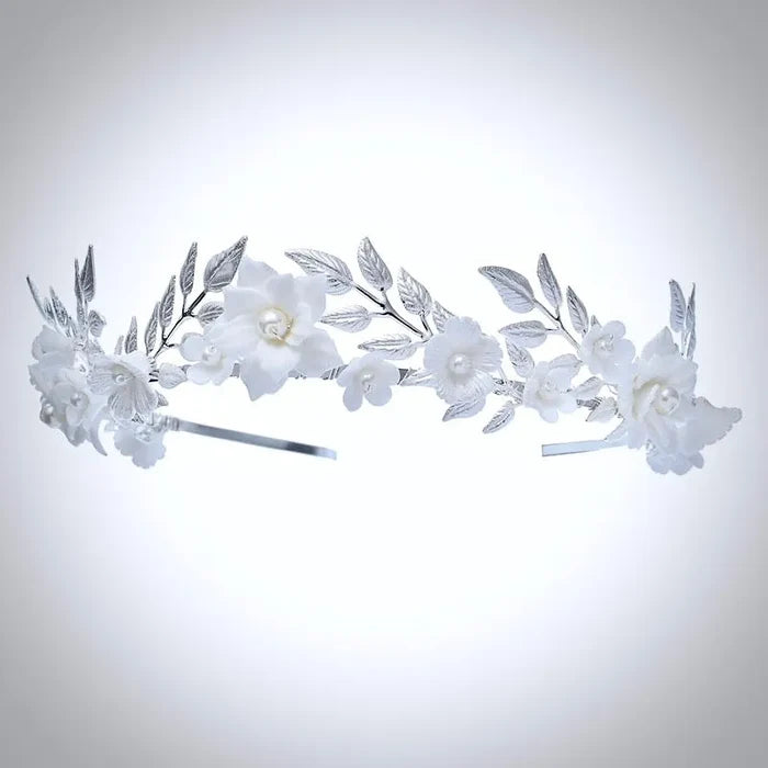 Wedding Hair Accessories - Ceramic Flowers and Pearls Silver Bridal Headband