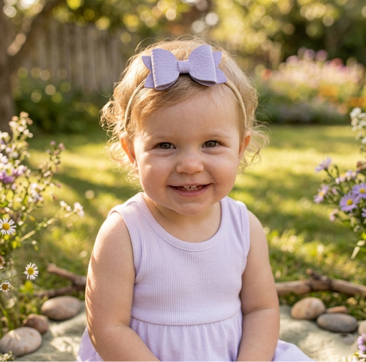 Child wearing a purple dress and purple bow headband with a garden background