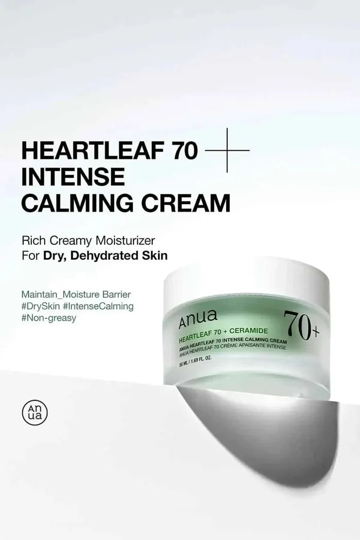 Anua Heartleaf 70 Intense Calming Cream, a non-greasy alcohol free moisturizer ideal for dry and dehydrated skin.